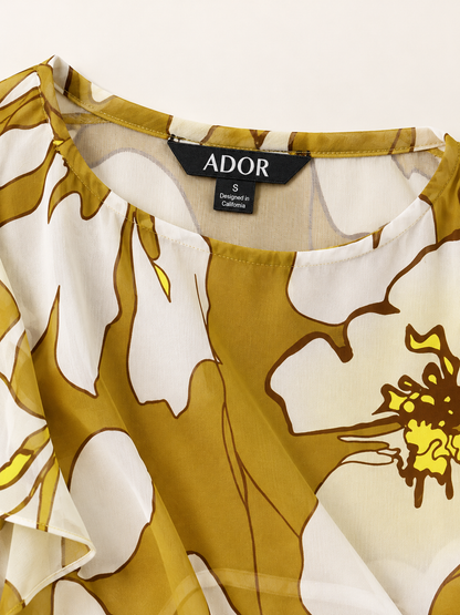 ADOR brand label detail on Golden Petal Glow Layered Chiffon Blouse