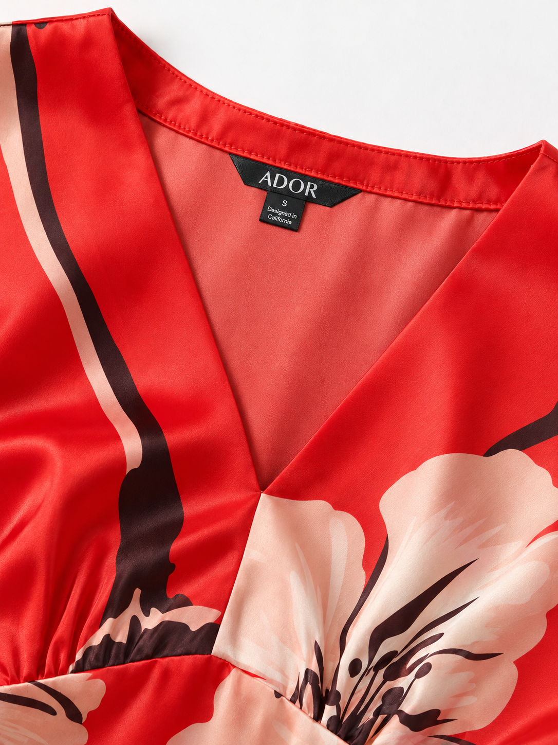 ADOR brand label detail on Red Floral Print Silky Satin Maxi Dress