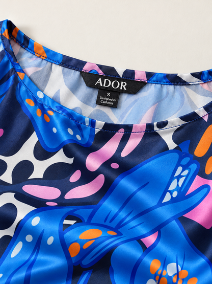 ADOR brand label detail on Abstract Azure Satin Dolman Sleeve Top