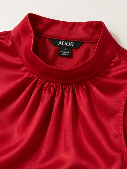 ADOR brand label detail on Emerald Rose Garden Silky Satin Sleeveless Top