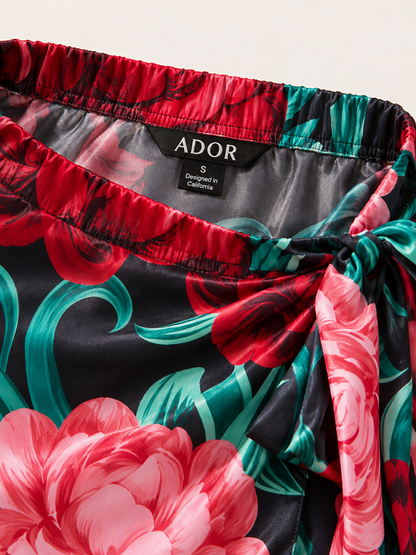 ADOR brand label detail on Emerald Rose Garden Silky Satin Wrap Skirt