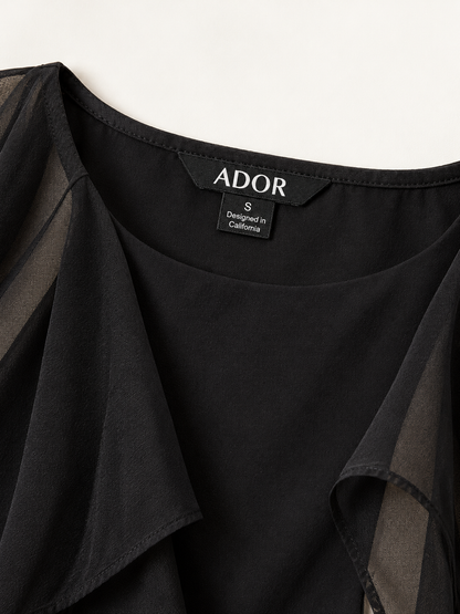 ADOR brand label detail on Chiffon Cape Sleeve Wedding Guest Mini Dress