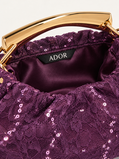 ADOR brand label detail on Jacquard Satin Sequin Frame Bag