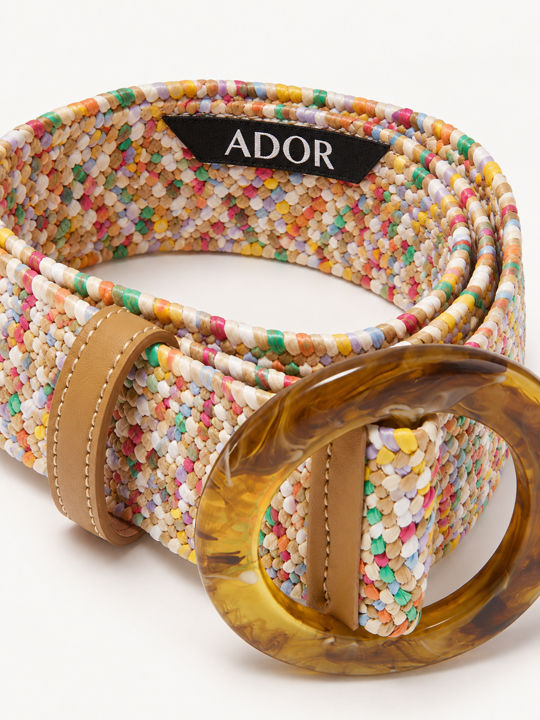 ADOR brand label detail on Colorful Stretch Straw Belt with Amber Buckle