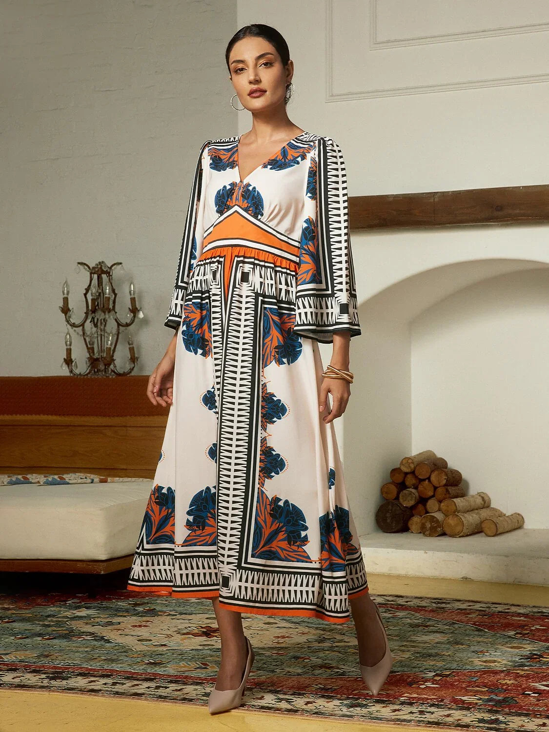 Satin Geometric Bohemia V-Neck Maxi Dress