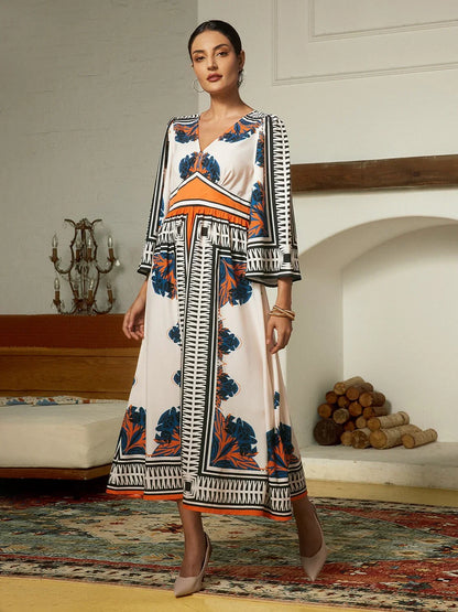 Satin Geometric Bohemia V-Neck Maxi Dress