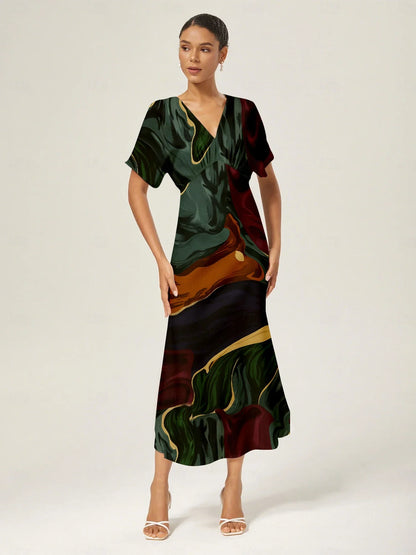 Abstract Floral Print Satin Maxi Dress