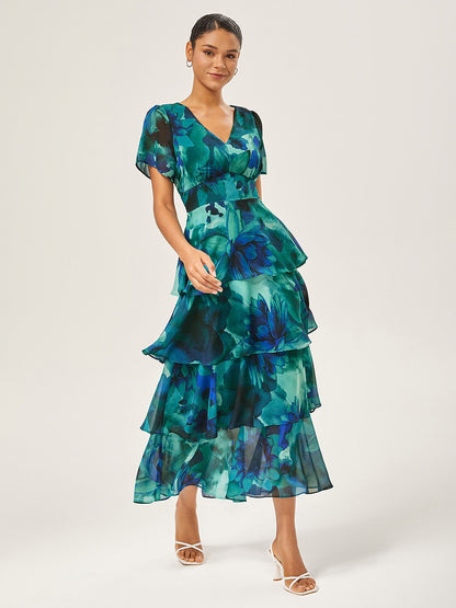 Floral Bloom Flowy Chiffon Tiered Maxi Dress