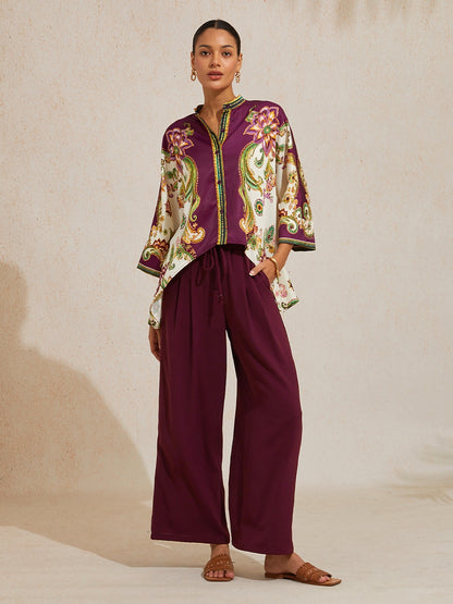Burgundy Paisley Silky Satin Batwing Top