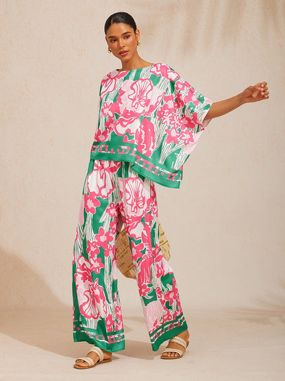 Pastel Floral Garden  Satin Wide Leg Pants