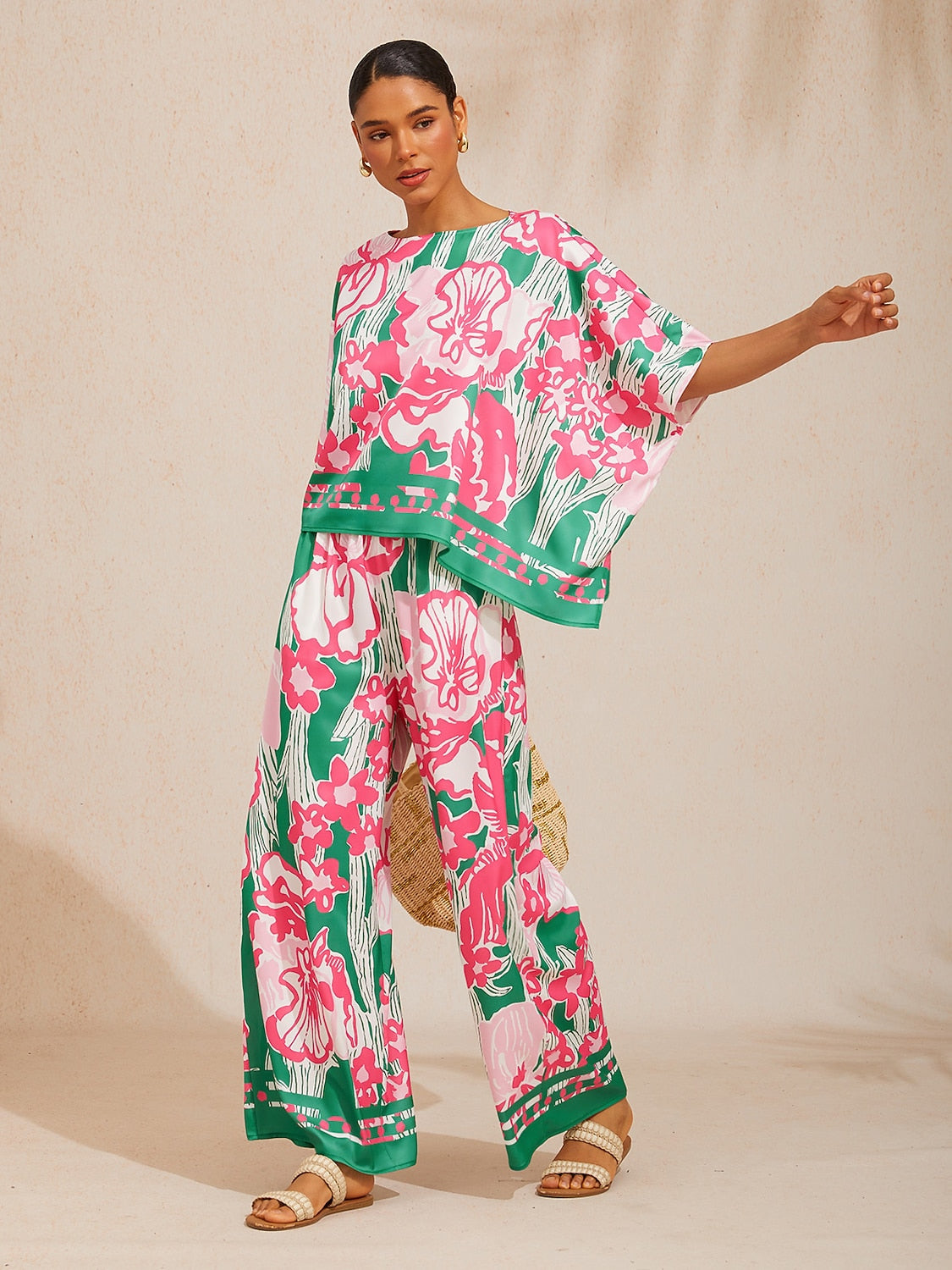 Azure Leaves Silky Satin Wide Leg Pants
