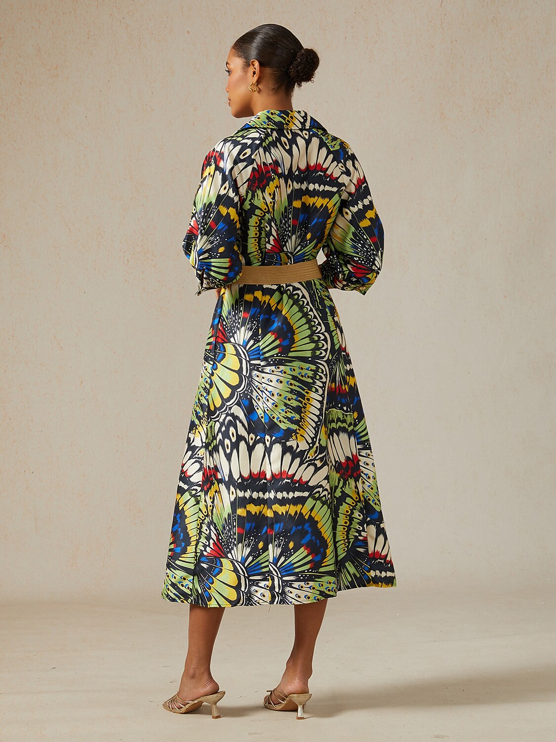 Jungle Butterfly Satin Trench-Style Maxi Dress