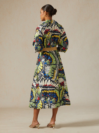 Jungle Butterfly Satin Trench-Style Maxi Dress