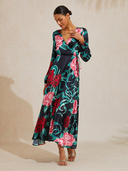 Emerald Rose Garden Silky Satin Floral Maxi Dress