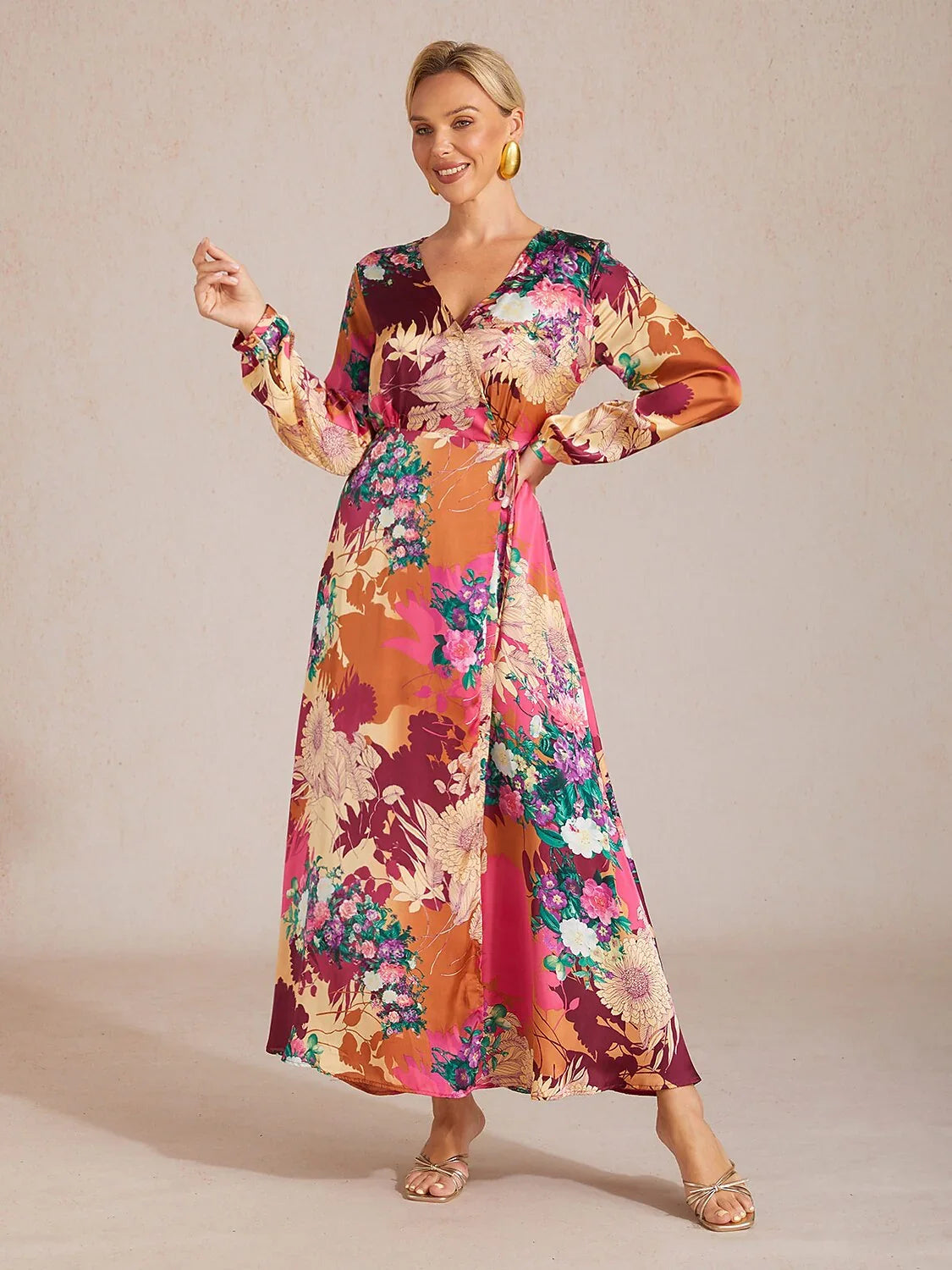 Sunset Bloom Reverie Silky Satin Floral Maxi Dress
