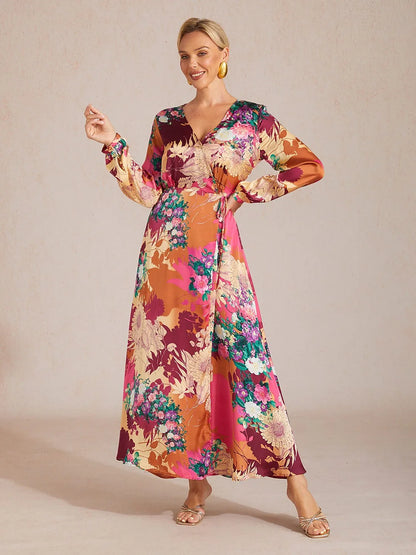 Sunset Bloom Reverie Silky Satin Floral Maxi Dress