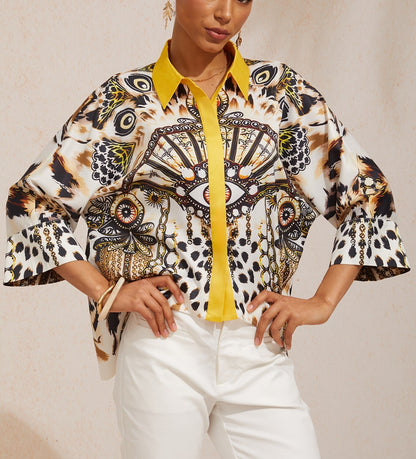 Pastel Floral Garden Satin Dolman Sleeve Button Down Shirt
