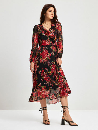 Chiffon-Maxikleid mit Blumenmuster und verstellbarer Taille