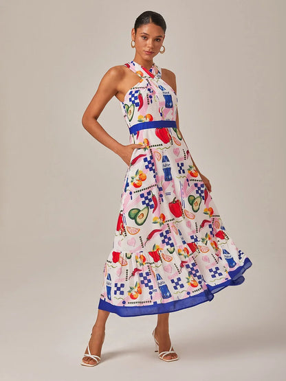 Tropical Fruit-Vegetable Print Halter Neck Long Dress