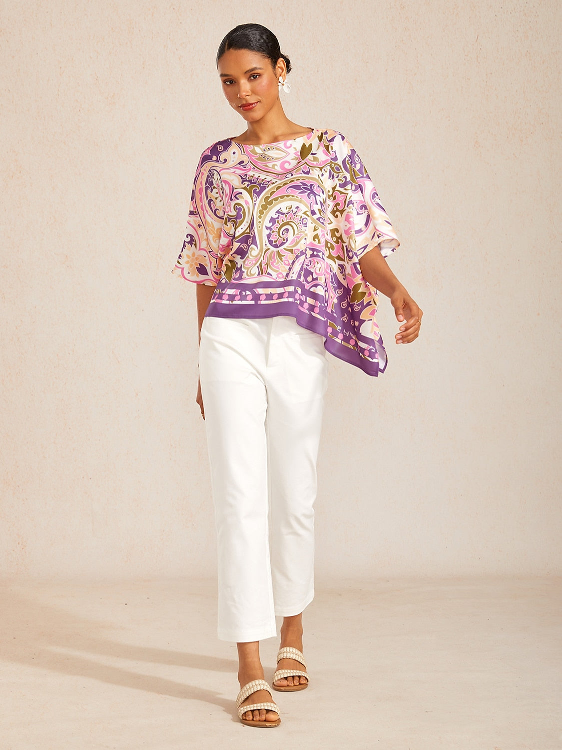 Pastel Floral Garden Silky Satin Dolman Batwing Top
