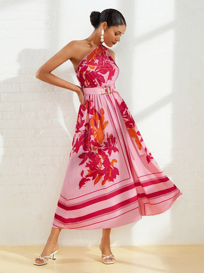 Satin-Maxikleid mit Blumenmuster und One-Shoulder-Träger für den Urlaub