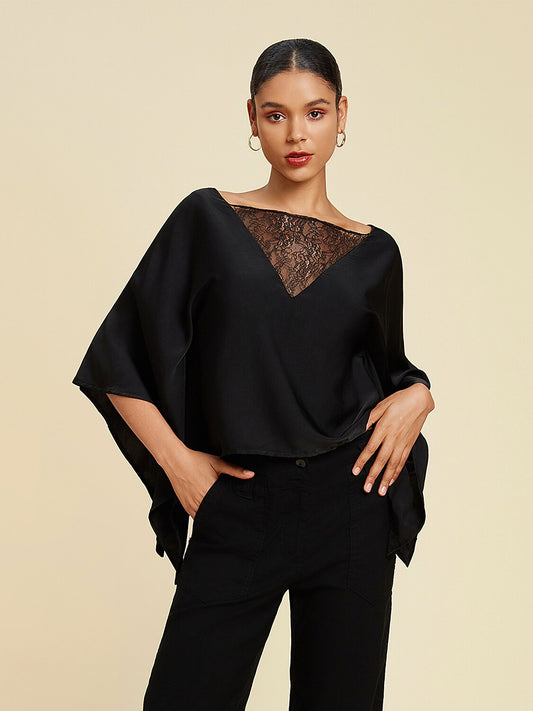 Solid Color Batwing Sleeve Lace Patchwork Satin Blouse
