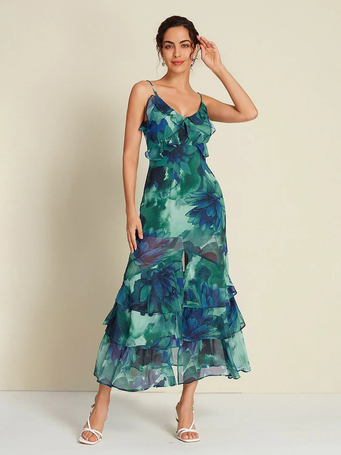 Robe Longue Sans Manches à Volants et Imprimé Floral en Mousseline