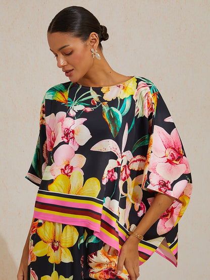 Midnight Floral Carnival Silky Satin Dolman Sleeve Top