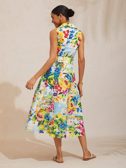 St Barth Blooms Airy Linen Look Blue Shirt Dress