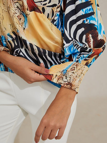 Sapphire Zebra Bloom Silky Satin Blouse