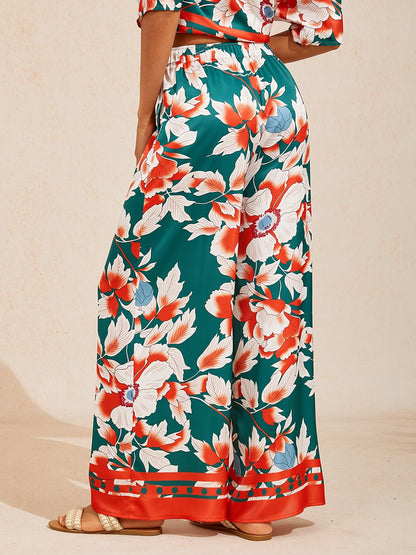 Deep Green Hibiscus Silky Satin Wide Leg Pants