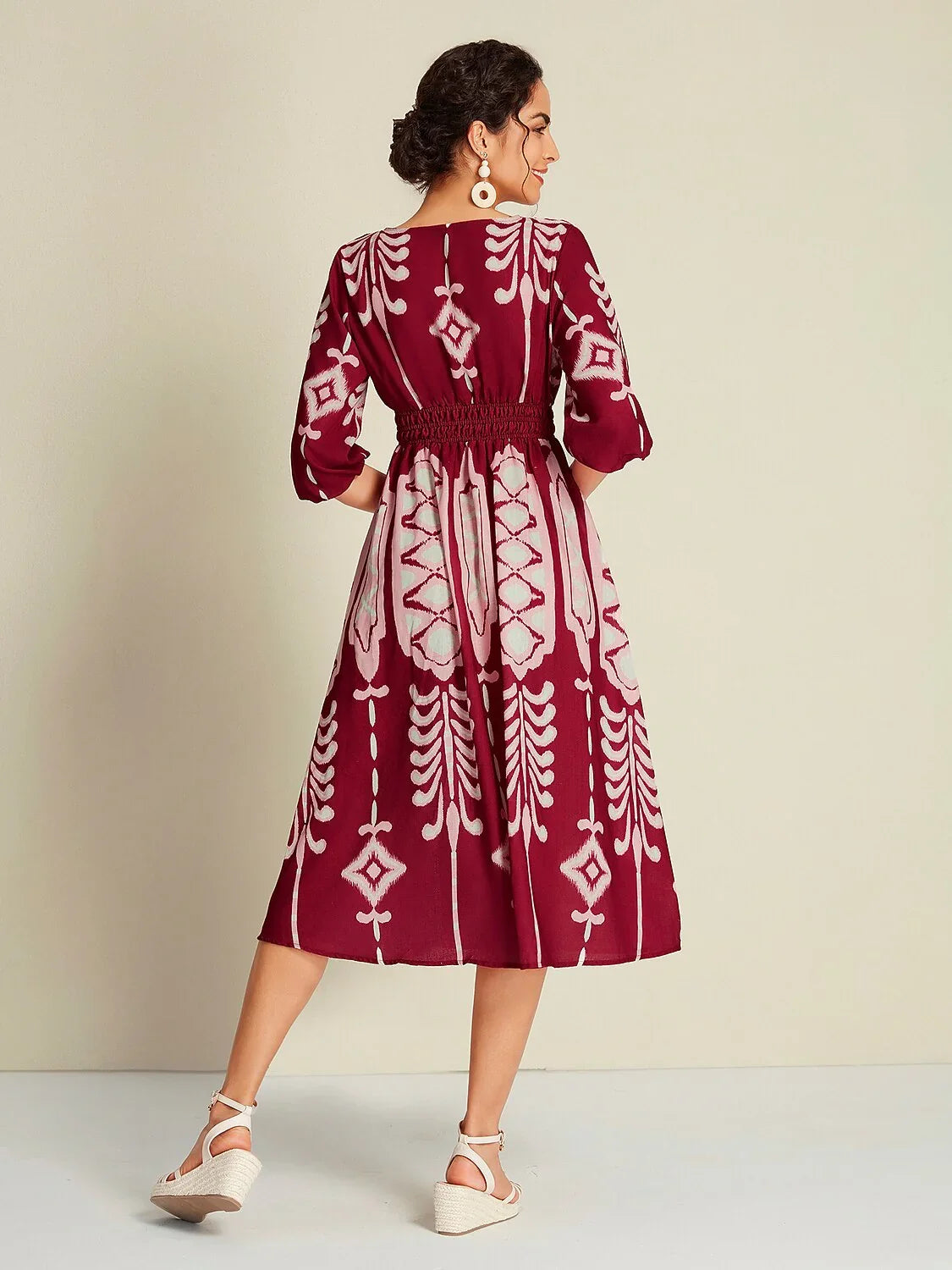 Folk Print Brick Red Half Sleeve V-Neck Midi Dress