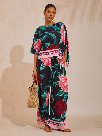 Boho Paisley Silky Satin Wide Leg Pants