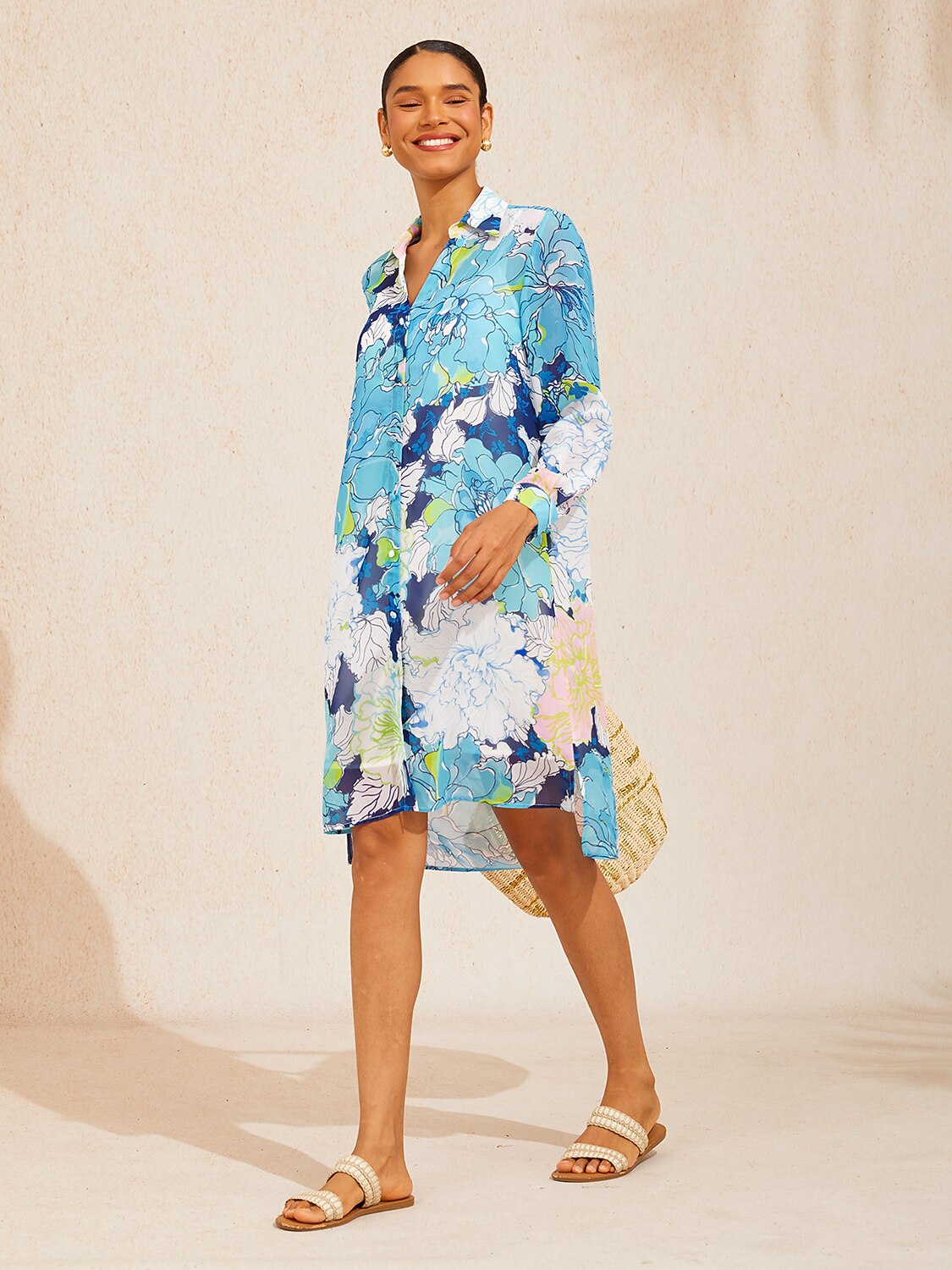 Azure Leaves Chiffon Shirt Dress