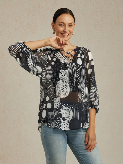 Abstract Print Puff Sleeve V-Neck Chiffon Blouse