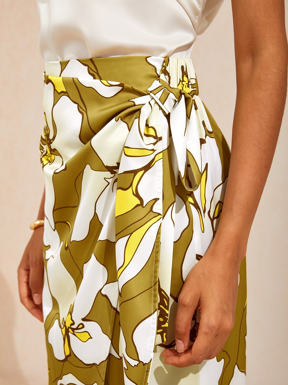 Golden Petal Glow Silky Satin Wrap Skirt