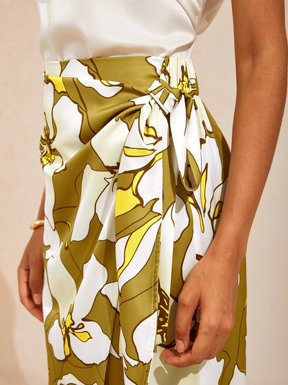 Golden Petal Glow Silky Satin Wrap Skirt