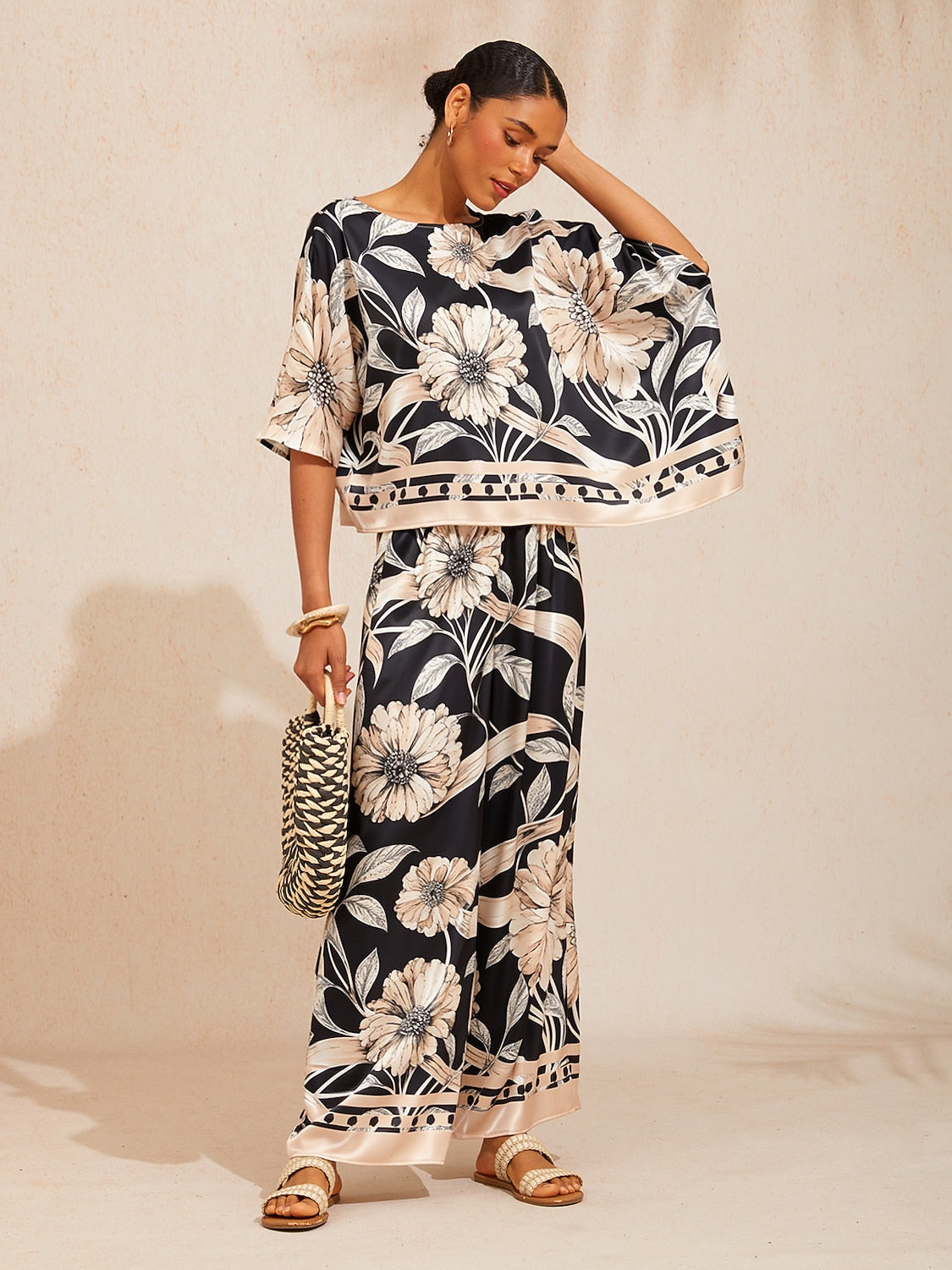 Golden Petal Silky Satin Dolman Sleeve Batwing Top