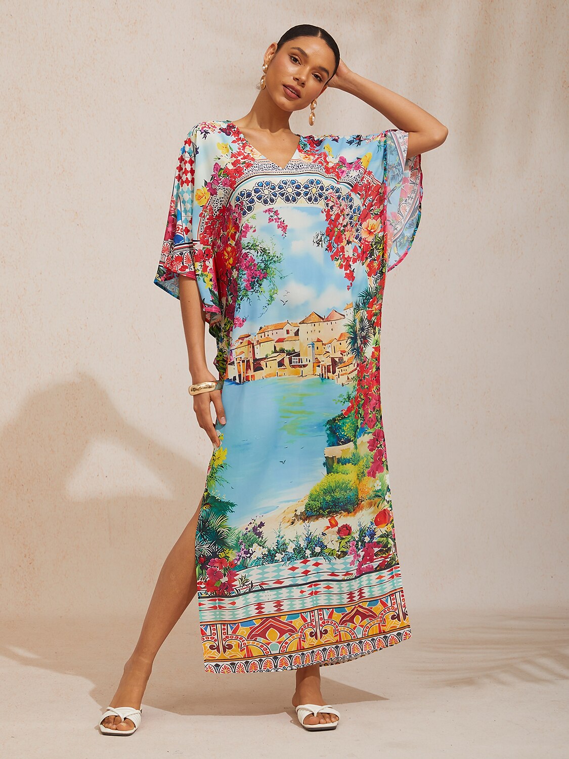 Hawaii Palm Flowy Chiffon Floral Maxi Dress