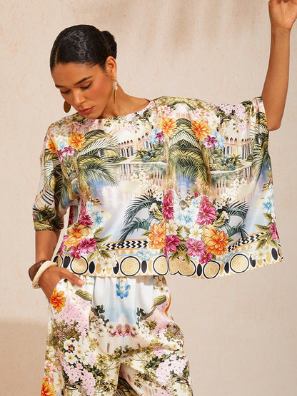 Pastel Floral Garden Silky Satin Dolman Top