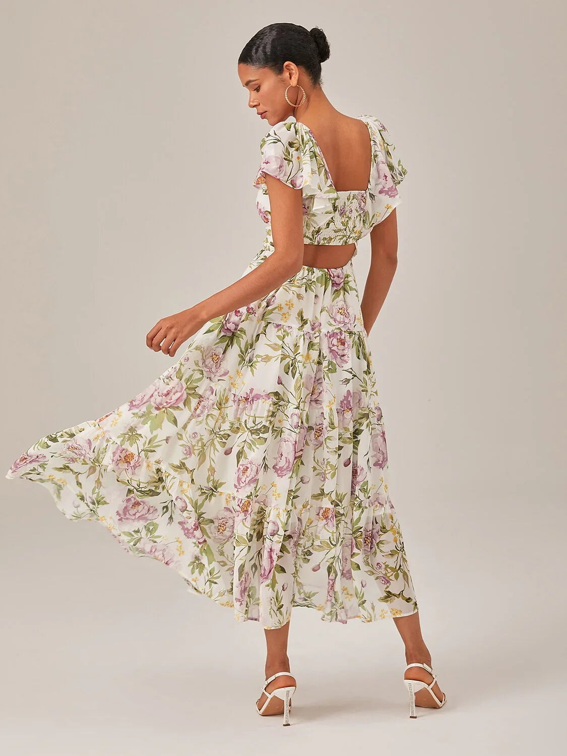 Womens Summer Flowy Backless Chiffon Maxi Dress Floral Print Backless Maxi Length Flow Silhouette Elegant Vacation Resort Party Spring Summer, Yellow Womens Summer Flowy Backless Chiffon Maxi Dress Floral Print Backless Maxi Length Flow Silhouette Elegant Vacation Resort Party Spring Summer, Yellow