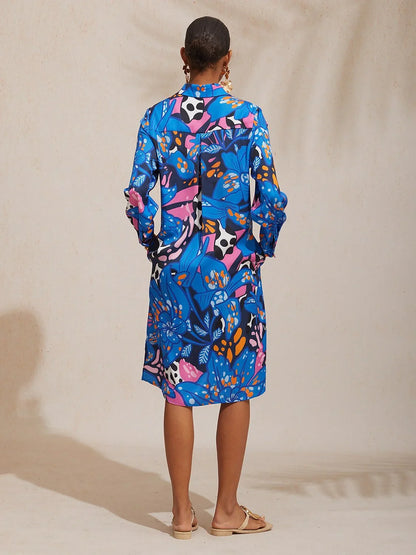 Abstract Azure Silky Satin Dot Shirt Dress