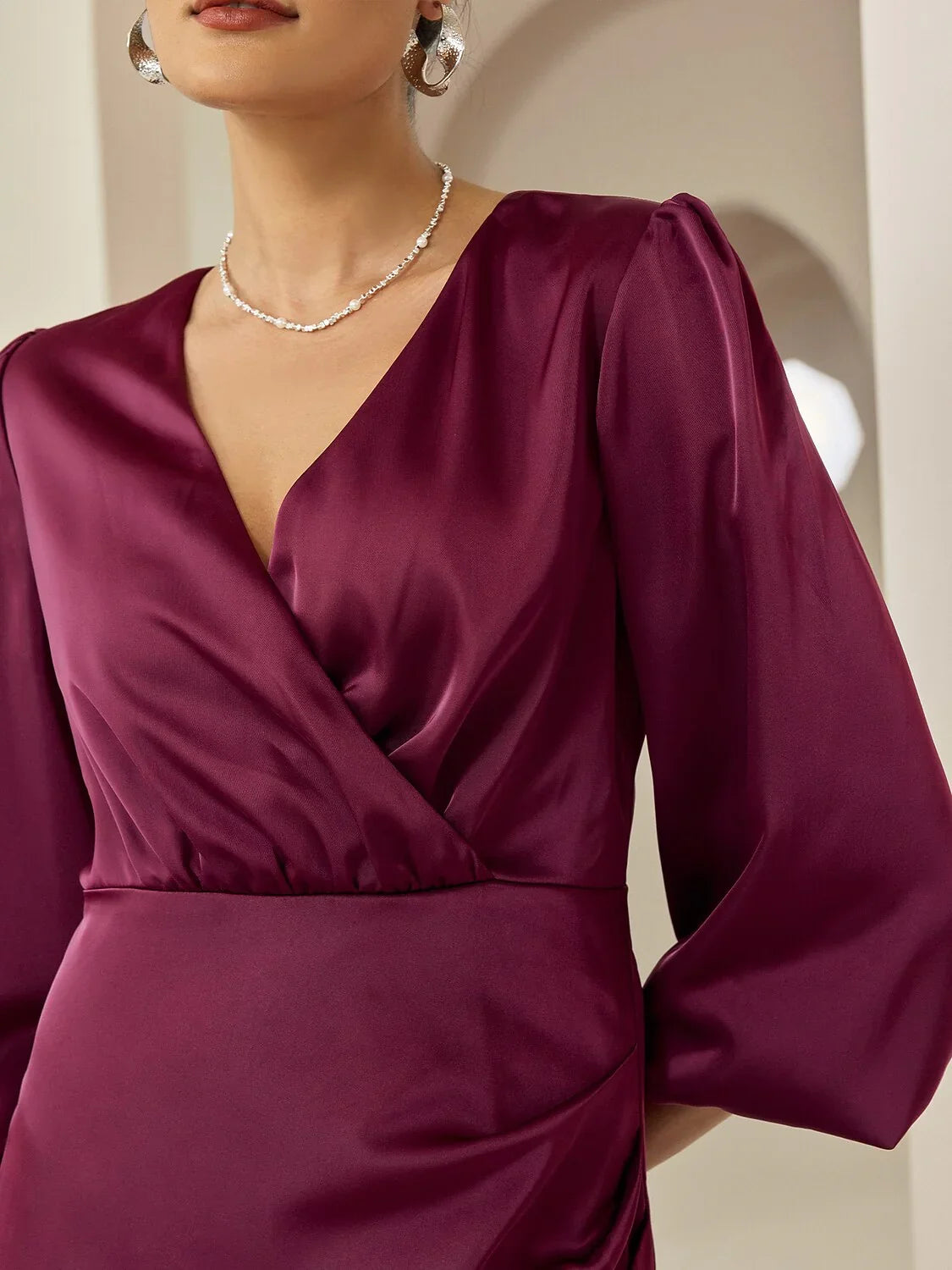 Elegant 3/4 Sleeves Burgundy Satin Dress
