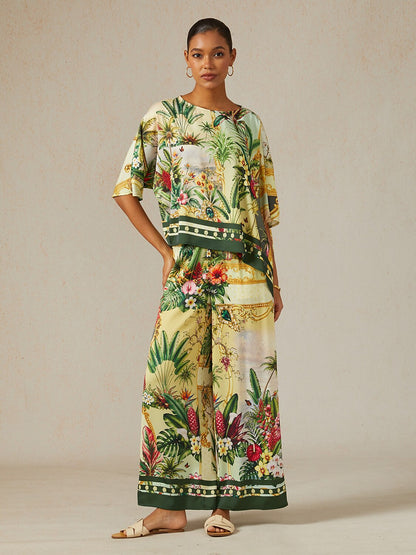 Verdant Garden Muse Silky Satin Wide Leg Pants
