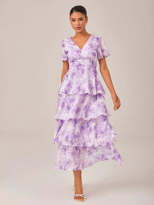 Purple Floral Print Lightweight Chiffon Maxi Dress