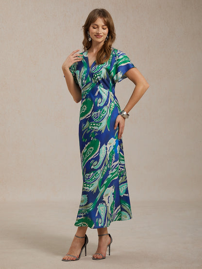 Vacation Satin Green Paisley Print Maxi Dress