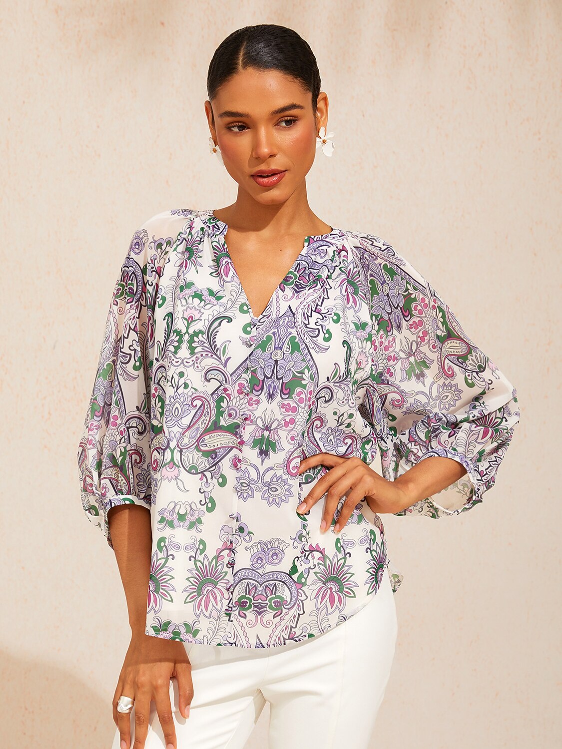 Mint Paisley Flora Flowy Chiffon Blouse