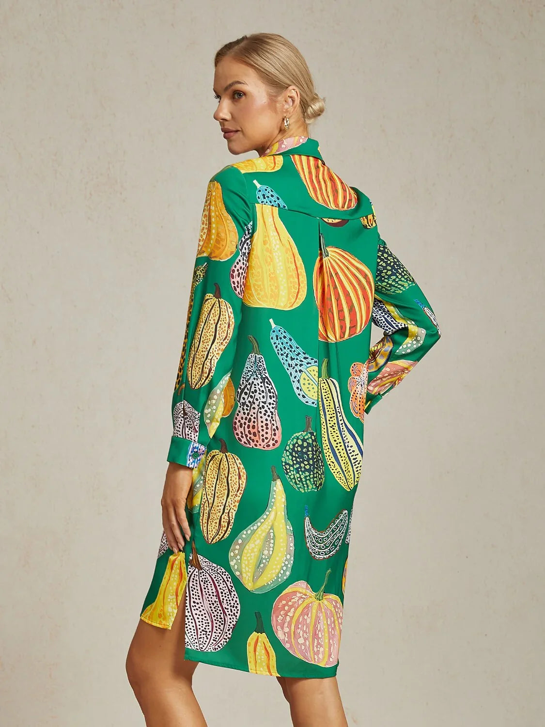 Pumpkin Print Split Hem Shirt Dress