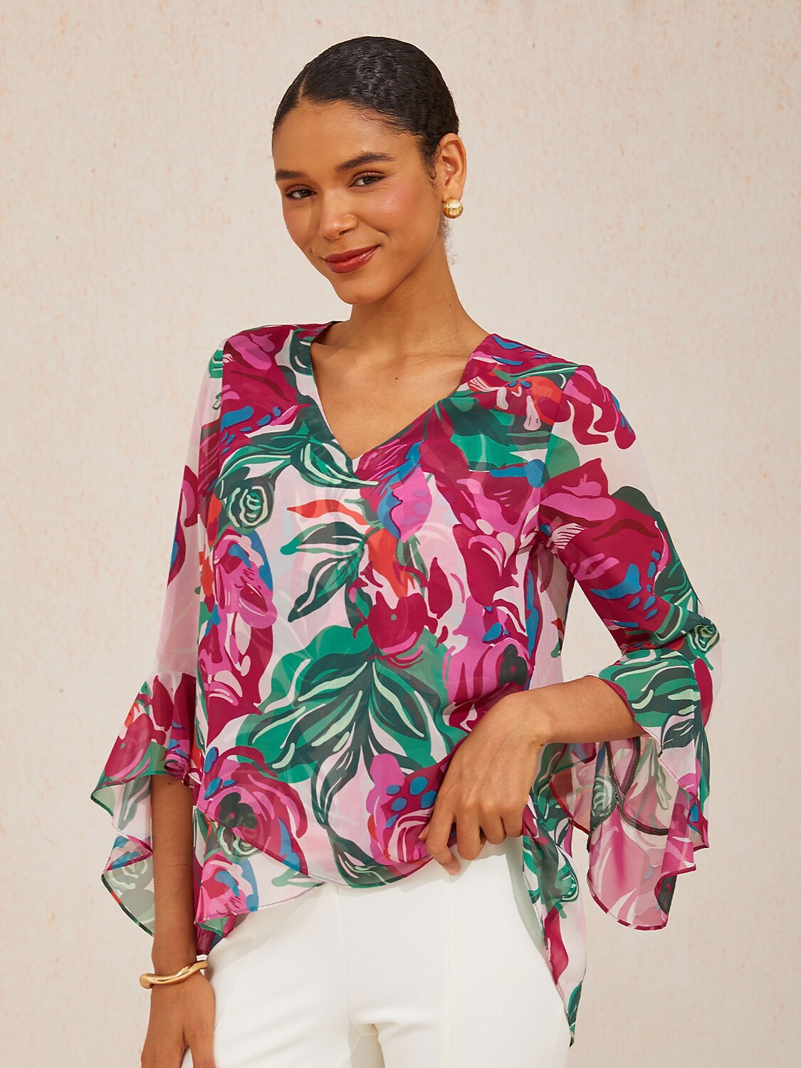 Fiery Pink Rose Flowy Chiffon Blouse