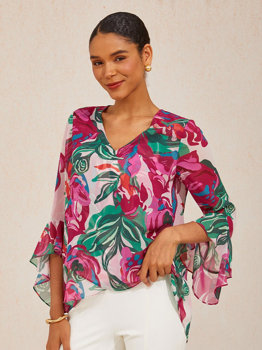 Fiery Pink Rose Flowy Chiffon Blouse